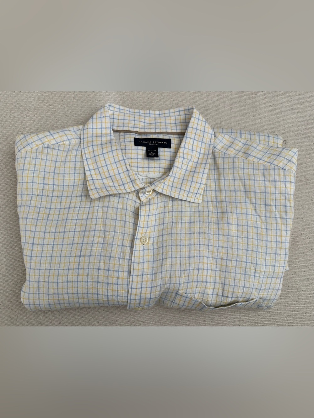 Banana Republic Mens XL 100% Linen Plaid Button Down Shirt Blue Yellow Classic